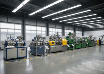 Diferentes modelos de extrusora de plástico em um galpão industrial