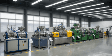 Diferentes modelos de extrusora de plástico em um galpão industrial