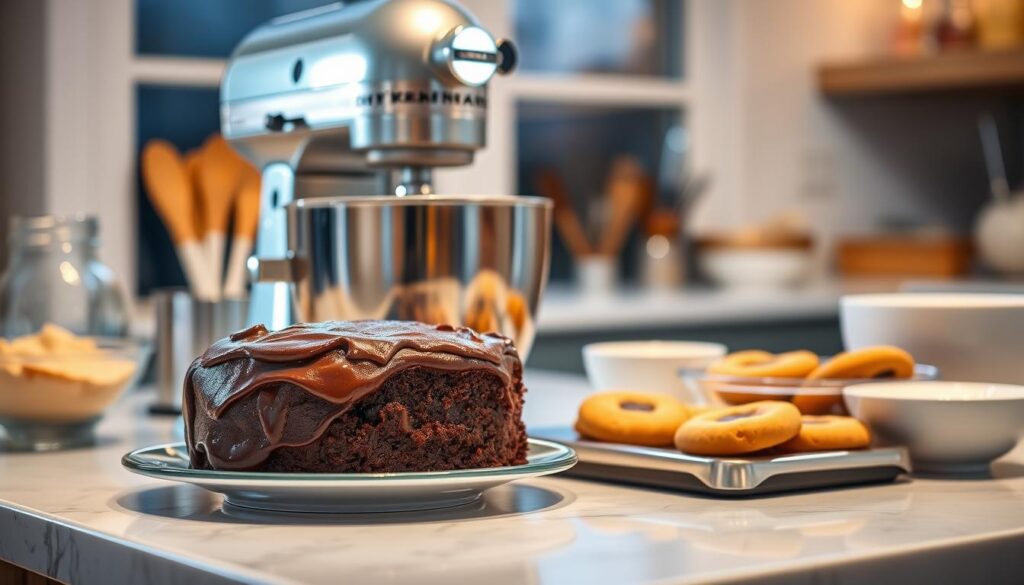 A beautifully lit kitchen counter, adorned with a shiny stainless steel stand mixer, various baking ingredients, and an array of delectable homemade desserts. The mixer's chrome finish reflects the warm, soft lighting that illuminates the scene, casting a cozy, inviting atmosphere. In the foreground, a plate showcases a decadent chocolate cake, its frosting glistening temptingly. Alongside it, a tray of freshly baked cookies, still steaming, and a bowl of creamy custard, hinting at the possibilities of what can be whipped up with the help of this versatile kitchen tool. The background fades into a blurred but elegant setting, allowing the star of the show - the mixer and its culinary creations - to take center stage.