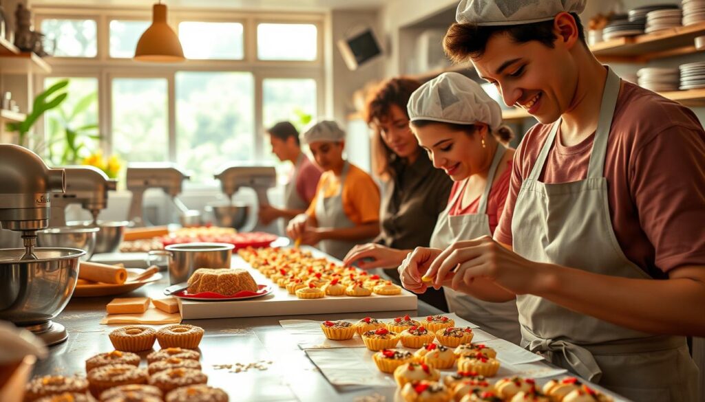 A bustling kitchen scene showcasing a group of passionate Brazilian confectioners at work. In the foreground, skilled hands delicately arrange intricate pastries and confections, their faces alight with focus and pride. The middle ground reveals a well-equipped confectionery, with gleaming stainless steel mixers, rolling pins, and an array of vibrant ingredients. In the background, a warm, homey atmosphere permeates, with windows overlooking a lush, verdant landscape - a nod to the rich culinary traditions of Brazil. The lighting is soft and natural, casting a golden glow that enhances the artistry and craftsmanship on display. Capture the essence of Brazil's beloved confectioners, their unwavering dedication, and the delectable delights they create.