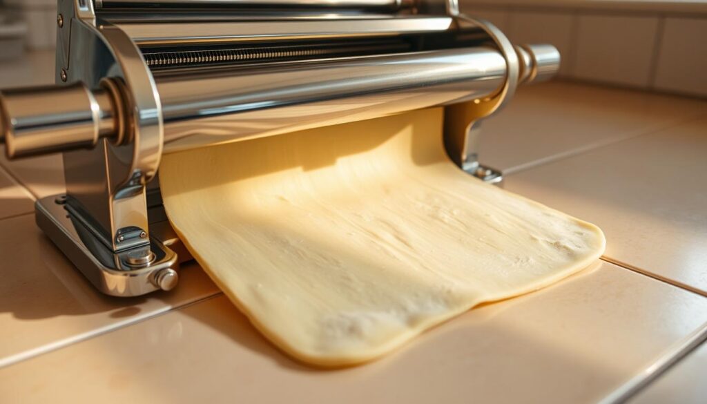 A close-up view of a commercial pasta rolling machine, its metal rollers precisely adjusting the thickness of a sheet of fresh dough. The dough is evenly flattened, with a smooth, even texture. The rollers are shiny and polished, indicating careful maintenance. The machine is positioned on a clean, tiled kitchen counter, bathed in warm, natural lighting that casts subtle shadows. The scene conveys a sense of skilled craftsmanship and attention to detail in the process of properly using a pasta rolling machine.