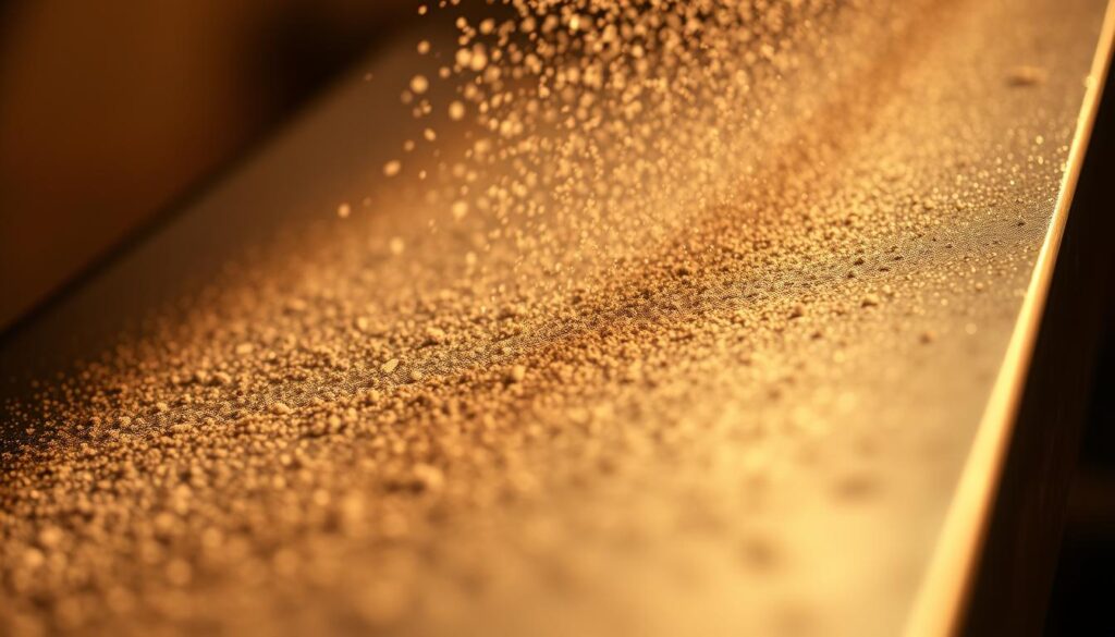 A close-up view of a metallic surface undergoing sandblasting or shot blasting, the surface being abraded and textured by a stream of high-velocity abrasive particles. The metal appears dull and matte, with a subtle pattern of indentations and pits created by the jateamento process. The background is slightly out of focus, emphasizing the detailed, tactile nature of the foreground. Warm, directional lighting casts dramatic shadows, highlighting the rough, industrial aesthetic. The composition is tight and focused, capturing the essence of the jateamento technique on a metallic workpiece.