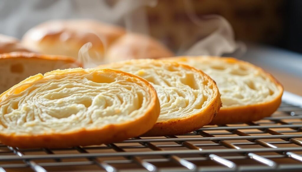 A close-up view of freshly baked bread slices, steam gently rising from their golden crusts, as they rest on a stainless steel cooling rack. The lighting is soft and diffused, highlighting the delicate texture and inviting warmth of the bread. The background is blurred, allowing the viewer to focus on the intricate details of the bread's surface, showcasing the science behind the optimal cooling process. The composition emphasizes the importance of proper cooling techniques to preserve the bread's quality, texture, and flavor, as described in the article's section on "The science behind proper bread cooling". A close-up view of freshly baked bread slices, steam gently rising from their golden crusts, as they rest on a stainless steel cooling rack. The lighting is soft and diffused, highlighting the delicate texture and inviting warmth of the bread. The background is blurred, allowing the viewer to focus on the intricate details of the bread's surface, showcasing the science behind the optimal cooling process. The composition emphasizes the importance of proper cooling techniques to preserve the bread's quality, texture, and flavor, as described in the article's section on "The science behind proper bread cooling".