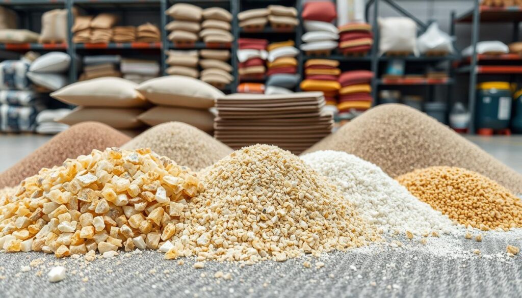 A collection of various industrial abrasive materials arranged in a still life composition. In the foreground, a selection of grit-blasting media such as angular crushed glass, ceramic beads, and aluminum oxide particles are scattered across a textured surface. In the middle ground, coarse sandpaper sheets and steel wool pads are stacked neatly. The background features a wall of industrial shelving stocked with bags and containers of different abrasive granules. The lighting is bright and even, creating a sense of clarity and focus on the materials. The overall mood is one of functional utility, reflecting the practical applications of these abrasives in industrial surface preparation and finishing processes.