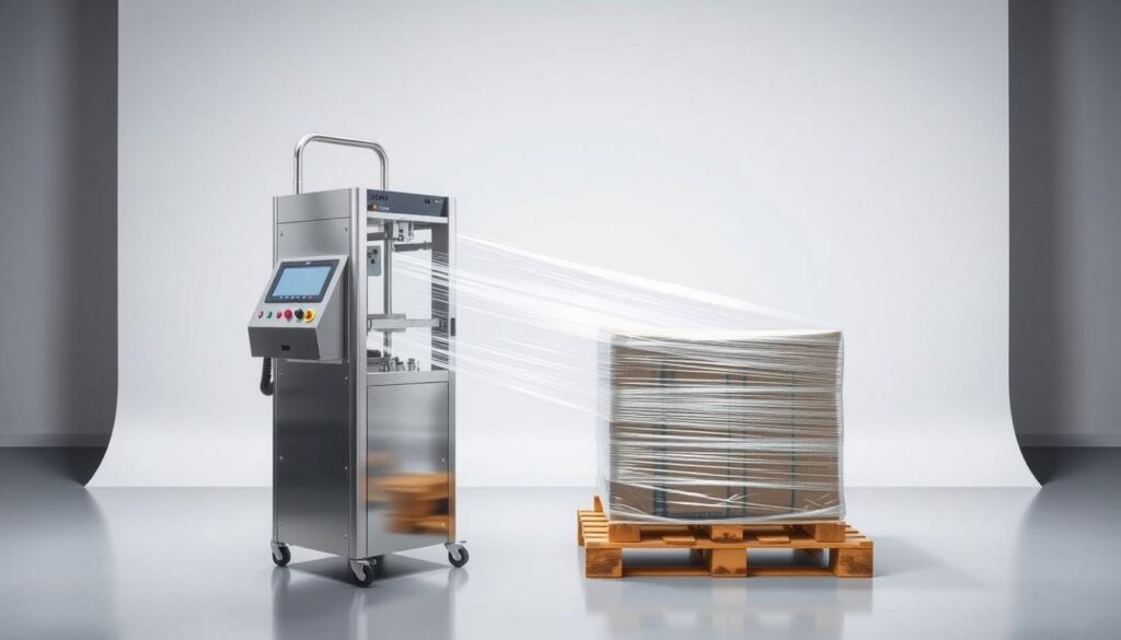 A commercial-grade stretch film wrapping machine, illuminated by soft, diffused lighting. The device stands prominently in the foreground, its sleek metal chassis and control panel meticulously detailed. In the middle ground, the machine gracefully wraps a pallet of goods in a shimmering web of protective film. The background fades into a clean, minimalist setting, emphasizing the machine's efficient functionality. The overall composition conveys the benefits of using a stretch film wrapper - safeguarding products, streamlining logistics, and enhancing the professionalism of any packaging operation. A commercial-grade stretch film wrapping machine, illuminated by soft, diffused lighting. The device stands prominently in the foreground, its sleek metal chassis and control panel meticulously detailed. In the middle ground, the machine gracefully wraps a pallet of goods in a shimmering web of protective film. The background fades into a clean, minimalist setting, emphasizing the machine's efficient functionality. The overall composition conveys the benefits of using a stretch film wrapper - safeguarding products, streamlining logistics, and enhancing the professionalism of any packaging operation.