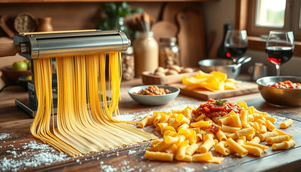 A cozy kitchen scene showcasing a variety of delectable homemade pasta dishes prepared using a sleek, professional-grade pasta rolling machine. In the foreground, a freshly rolled sheet of golden dough is being expertly cut into long, thin strands of spaghetti. In the middle ground, a vibrant array of pasta shapes, from fusilli to penne, are artfully arranged on a rustic wooden table, their surfaces glistening with a light coating of olive oil. In the background, jars of aromatic dried herbs and spices, a simmering pot of tomato sauce, and a glass of robust red wine set the stage for a tempting, labor-of-love culinary experience. Soft, natural lighting filters in through a nearby window, casting a warm, inviting glow over the scene. The overall mood is one of homespun elegance and the joy of crafting delicious, homemade pasta.