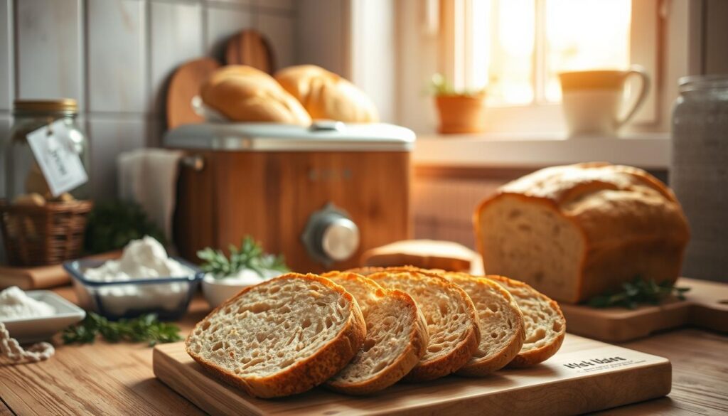 A cozy kitchen scene with a wooden bread maker on the counter, surrounded by freshly baked loaves, herbs, and a few key ingredients like flour, yeast, and water. Warm, diffused lighting from a window casts a soft glow, highlighting the texture of the bread. In the foreground, a few slices of the freshly baked bread are arranged on a cutting board, ready to be enjoyed. The overall mood is inviting and homey, reflecting the comfort and satisfaction of creating delicious homemade bread with the help of a reliable bread maker.