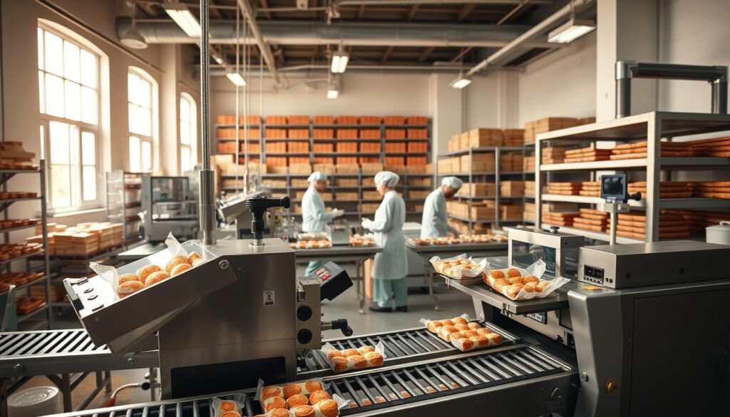 A cozy, well-lit production facility with modern machinery and equipment arranged in an efficient, organized layout. In the foreground, a high-tech packaging machine carefully seals and wraps various confections, with a conveyor belt system transporting the packaged goods. In the middle ground, workers in sterile uniforms monitor the automated processes, ensuring quality control. The background features rows of shelves and storage units, showcasing the scale and volume of the operation. Soft, natural lighting filters in through large windows, creating a warm and inviting atmosphere. The overall scene conveys a sense of streamlined productivity, highlighting the cost-effective benefits of automation in the sweet production industry. A cozy, well-lit production facility with modern machinery and equipment arranged in an efficient, organized layout. In the foreground, a high-tech packaging machine carefully seals and wraps various confections, with a conveyor belt system transporting the packaged goods. In the middle ground, workers in sterile uniforms monitor the automated processes, ensuring quality control. The background features rows of shelves and storage units, showcasing the scale and volume of the operation. Soft, natural lighting filters in through large windows, creating a warm and inviting atmosphere. The overall scene conveys a sense of streamlined productivity, highlighting the cost-effective benefits of automation in the sweet production industry.