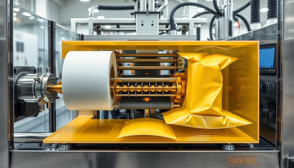 A cross-section view of a flow pack machine in operation, showcasing its inner workings. The machine is shown in a well-lit, technical environment, with a clean, industrial aesthetic. The foreground depicts the packaging material being drawn from a roll, passed through forming and sealing mechanisms, and the final sealed package being ejected. The middle ground reveals the intricate system of rollers, belts, and cutting blades that shape and seal the packaging. The background features the machine's control panel and other supporting components, providing context for the overall packaging process. The scene conveys a sense of precision, efficiency, and the complex engineering behind the flow pack technology.