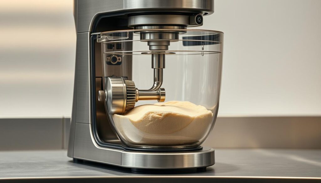 A detailed cross-section view of a bread kneading machine, showcasing its inner workings. The machine is situated on a stainless steel counter, bathed in soft, even lighting. The main components are visible, including the motorized kneading arm, the dough bowl, and the control panel. The materials are a mix of brushed metal, plastic, and glass, creating a sleek, modern aesthetic. The scene conveys a sense of precision engineering and efficient functionality, reflecting the practical application of the bread maker in a professional kitchen or home setting.
