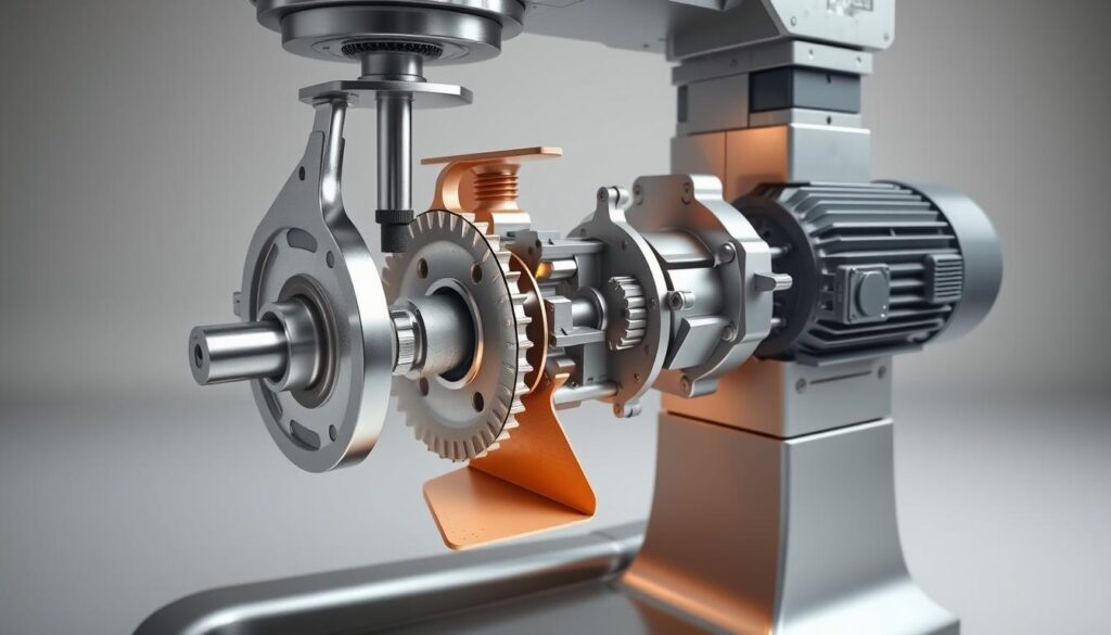 A detailed, cross-sectional view of the internal components of an industrial planetary mixer, showcased in a clean, well-lit studio setting. The foreground features the mixing bowl, drive shaft, and planetary gears, precisely engineered and rendered in high resolution. The middle ground highlights the powerful electric motor, speed control mechanisms, and sturdy frame, conveying the machine's industrial-grade construction. The background subtly suggests the surrounding environment, with a neutral color palette and soft, diffused lighting to emphasize the technical details. The overall composition aims to provide a comprehensive understanding of the key elements that make up this essential piece of industrial baking equipment.