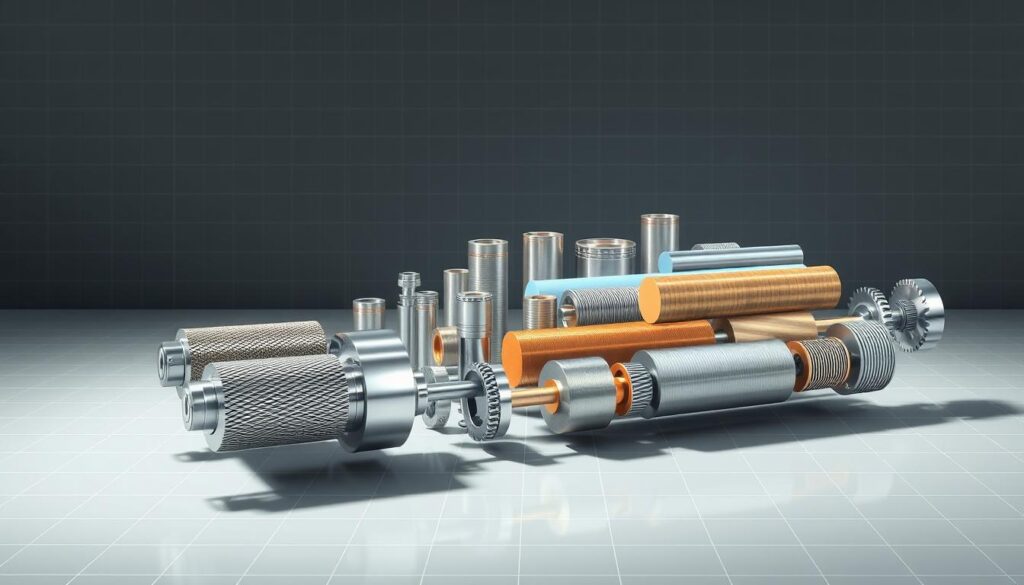 A detailed cutaway diagram depicting various types of rolling mill cylinders used in the confectionery industry. The foreground showcases the intricate design and construction of a pair of polished metal rollers, highlighting their distinct profiles, textured surfaces, and precision mechanisms. The middle ground features a diverse array of cylinder models, each with unique dimensions, materials, and specialized applications, such as fluted, grooved, and smooth rollers. The background provides a clean, technical environment, with subtle grid lines and a muted color palette to emphasize the engineering focus. Bright, directional lighting casts dynamic shadows, accentuating the cylindrical forms and mechanical details. The overall composition conveys a sense of industrial precision and expertise relevant to the confectionery rolling process.