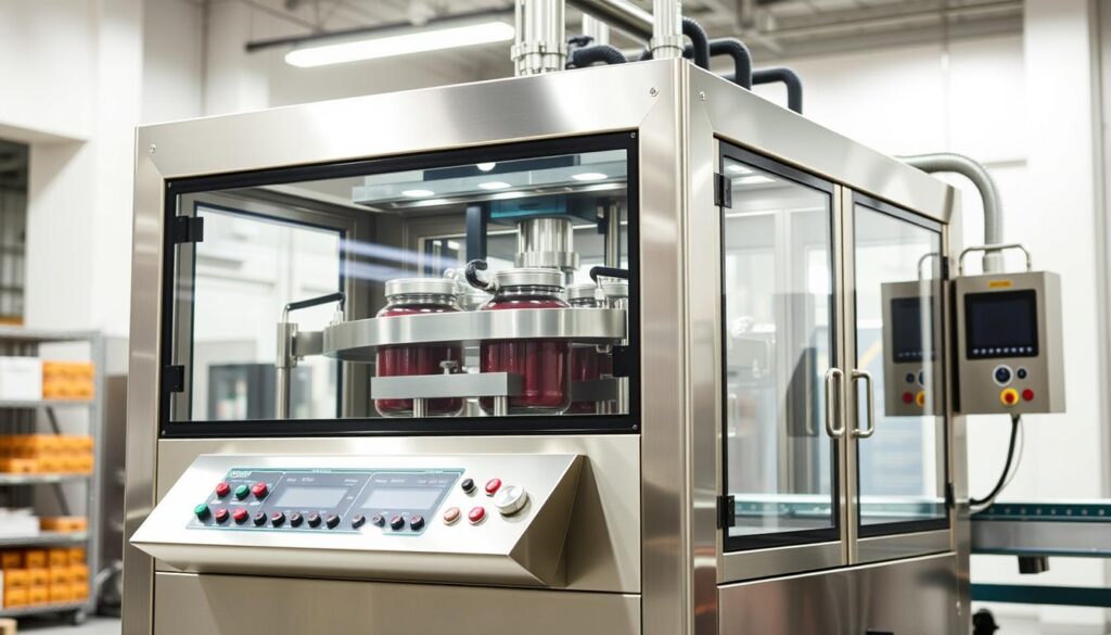 A detailed, high-quality image of a commercial-grade industrial jar/container sealing machine. The machine is situated in a well-lit, modern manufacturing facility, with a focus on the front panel and control interface. The machine has a sleek, stainless steel body with clear glass panels, allowing visibility of the internal sealing mechanism. The front panel displays various buttons, dials, and readouts, indicating the machine's precise, automated operation. The background is clean and uncluttered, emphasizing the machine's central role. Lighting is bright and even, creating a professional, technical atmosphere. The camera angle is angled slightly above the machine, giving a comprehensive, authoritative view of its form and function. A detailed, high-quality image of a commercial-grade industrial jar/container sealing machine. The machine is situated in a well-lit, modern manufacturing facility, with a focus on the front panel and control interface. The machine has a sleek, stainless steel body with clear glass panels, allowing visibility of the internal sealing mechanism. The front panel displays various buttons, dials, and readouts, indicating the machine's precise, automated operation. The background is clean and uncluttered, emphasizing the machine's central role. Lighting is bright and even, creating a professional, technical atmosphere. The camera angle is angled slightly above the machine, giving a comprehensive, authoritative view of its form and function.