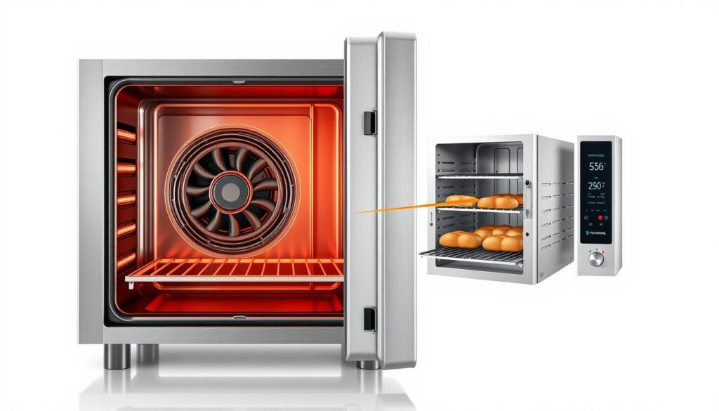 A detailed technical illustration of a turbo oven showcasing its key components and features. Prominently displayed in the foreground, a cross-sectional view of the oven's interior reveals the convection fan, heating elements, and precise temperature control mechanisms. In the middle ground, a cutaway perspective exposes the insulated walls, sturdy door hinges, and advanced control panel. The background subtly depicts the oven's sleek, modern exterior design with clean lines and a stainless steel finish, conveying a sense of professional-grade kitchen equipment. The lighting is crisp and evenly distributed, accentuating the technical details and industrial aesthetic. The overall mood is one of precision, efficiency, and the reliable performance essential for high-volume commercial baking.