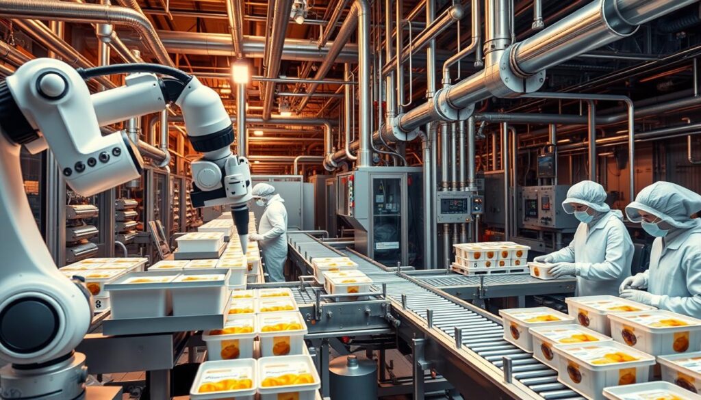 A factory interior filled with sleek, state-of-the-art automatic packaging machines. In the foreground, a robotic arm precisely places products into containers, moving with fluid precision. In the middle ground, conveyor belts transport filled packages to packaging stations, while technicians in clean-room attire monitor the process. The background is dominated by a complex array of pipes, valves, and control panels, bathed in the warm glow of industrial lighting. The scene conveys a sense of efficiency, technological sophistication, and a commitment to quality and consistency in the packaging process.