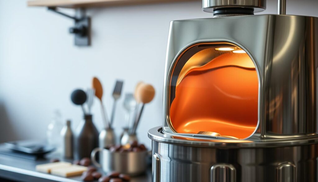 A gleaming chocolate melting machine stands prominently in the foreground, its polished steel exterior reflecting the warm lighting above. The machine's sleek design features a tempered glass viewing panel, allowing onlookers to observe the smooth, glossy chocolate as it slowly liquefies within. In the middle ground, various chocolate-making tools and utensils are neatly arranged, hinting at the attention to detail required for crafting the perfect confection. The background is softly blurred, creating a sense of focus on the machine and its purpose. The overall scene exudes a sophisticated, artisanal atmosphere, capturing the essence of the specialized equipment used to melt chocolate with precision and care.