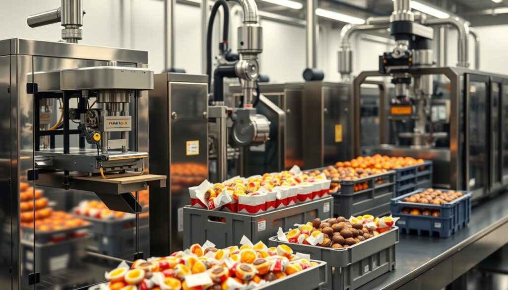 A gleaming lineup of industrial candy packaging machines, each with its own unique capabilities. In the foreground, a high-speed vertical form-fill-seal enveloper meticulously wraps individual confections. Beyond it, a robotic case packer deftly arranges the packaged sweets into neat crates. In the background, a large-scale depositor neatly pipes gooey fillings into shells, ready to be sealed and labeled. Soft, diffused lighting illuminates the scene, casting a warm, inviting glow over the precision engineering of these versatile candy packaging solutions, tailored to meet the diverse needs of confectionery producers. A gleaming lineup of industrial candy packaging machines, each with its own unique capabilities. In the foreground, a high-speed vertical form-fill-seal enveloper meticulously wraps individual confections. Beyond it, a robotic case packer deftly arranges the packaged sweets into neat crates. In the background, a large-scale depositor neatly pipes gooey fillings into shells, ready to be sealed and labeled. Soft, diffused lighting illuminates the scene, casting a warm, inviting glow over the precision engineering of these versatile candy packaging solutions, tailored to meet the diverse needs of confectionery producers.