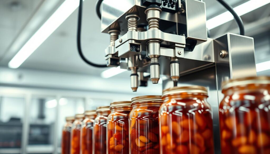 A gleaming, stainless steel jar sealing machine, its sleek exterior reflecting the bright fluorescent lights of a clean, modern industrial facility. The machine stands tall, its mechanical arms deftly gripping and sealing a row of glass jars, ensuring a secure, airtight closure. In the foreground, the jars are filled with vibrant, colorful preserves, their contents visible through the transparent glass. The background is a blurred, out-of-focus expanse, emphasizing the machine's precision and efficiency. The scene conveys a sense of order, reliability, and quality control, perfectly capturing the essence of a high-performance jar sealing apparatus. A gleaming, stainless steel jar sealing machine, its sleek exterior reflecting the bright fluorescent lights of a clean, modern industrial facility. The machine stands tall, its mechanical arms deftly gripping and sealing a row of glass jars, ensuring a secure, airtight closure. In the foreground, the jars are filled with vibrant, colorful preserves, their contents visible through the transparent glass. The background is a blurred, out-of-focus expanse, emphasizing the machine's precision and efficiency. The scene conveys a sense of order, reliability, and quality control, perfectly capturing the essence of a high-performance jar sealing apparatus.