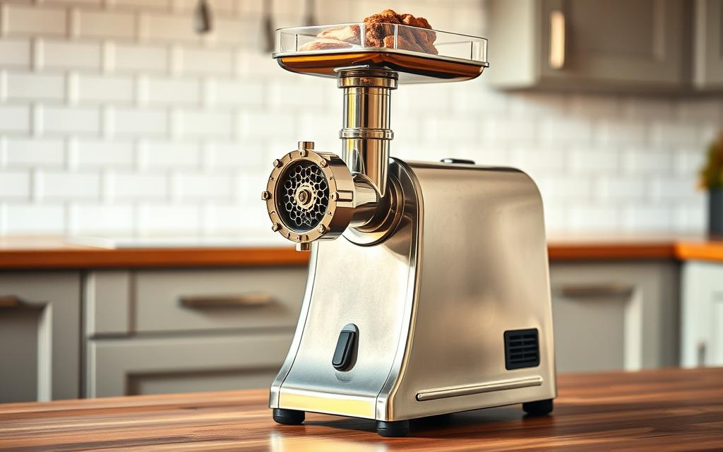 A gleaming stainless steel meat grinder standing on a wooden kitchen counter, the sturdy frame and coarse grinding plate visible. Soft, warm lighting illuminates the appliance, casting gentle shadows that accentuate its industrial design. The grinder's feed chute and hopper wait, ready to accept chunks of fresh meat, while the motor housing hums with anticipation. In the background, a crisp white subway tile backsplash and muted cabinetry create a clean, professional cooking environment, setting the stage for the meat grinder's role in the culinary process.