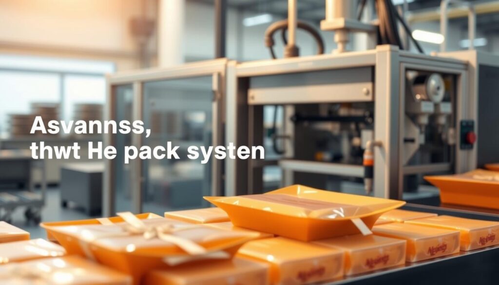 A high-quality, detailed image of the advantages of the flow pack system. In the foreground, showcase the key benefits such as efficient packaging, product protection, and reduced waste. In the middle ground, depict the flow pack machine in operation, highlighting its precision and automation. In the background, include a clean, modern industrial setting with minimal distractions to emphasize the system's advanced technology. Use warm, inviting lighting and angles that convey the system's reliability and user-friendliness. The overall mood should be one of professionalism, innovation, and the advantages that the flow pack system can provide for businesses.