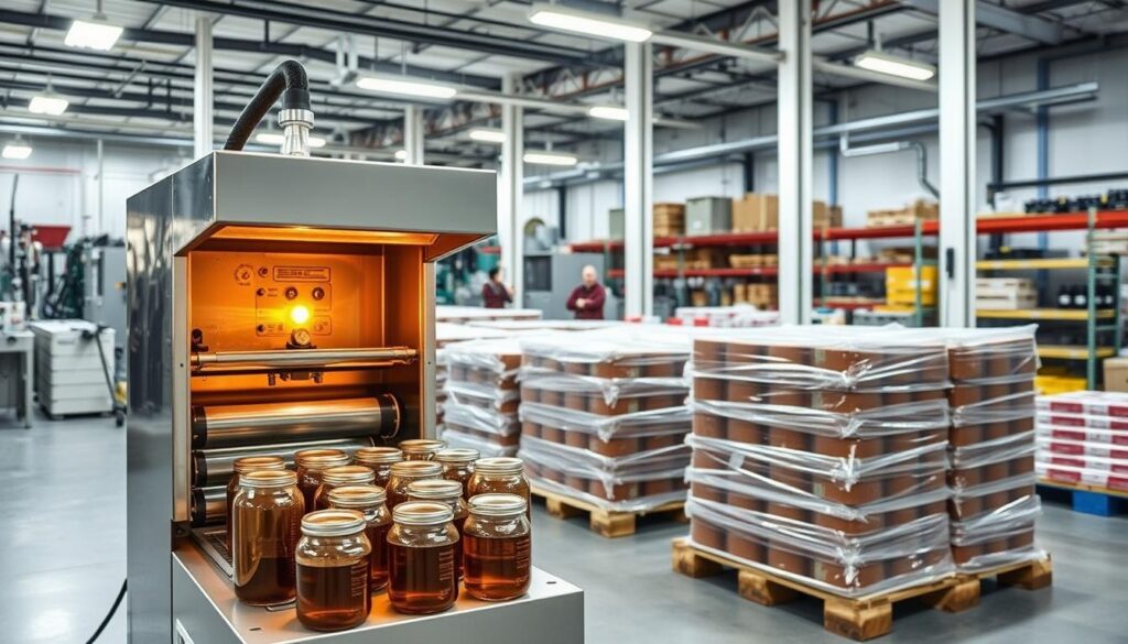 A high-quality, detailed industrial interior with various applications of an induction sealing machine. In the foreground, a worker operates the sealing machine, carefully sealing the lids of glass jars. In the middle ground, pallets of sealed products are stacked, showcasing the machine's efficiency. The background features various manufacturing equipment and storage shelves, highlighting the versatility of the induction sealer in different industrial settings. The lighting is bright and even, with clean, contemporary design elements. The scene conveys a sense of professionalism and attention to detail, reflecting the benefits and care required for induction sealing in diverse industries. A high-quality, detailed industrial interior with various applications of an induction sealing machine. In the foreground, a worker operates the sealing machine, carefully sealing the lids of glass jars. In the middle ground, pallets of sealed products are stacked, showcasing the machine's efficiency. The background features various manufacturing equipment and storage shelves, highlighting the versatility of the induction sealer in different industrial settings. The lighting is bright and even, with clean, contemporary design elements. The scene conveys a sense of professionalism and attention to detail, reflecting the benefits and care required for induction sealing in diverse industries.