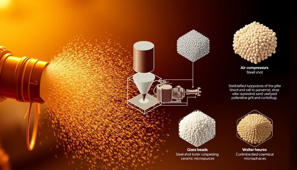 A high-quality, detailed technical illustration showcasing various types of blasting processes. In the foreground, a close-up view of a sand blasting nozzle in action, with a dynamic stream of abrasive particles visible. In the middle ground, a cross-section diagram highlighting the key components and mechanics of a gravity-fed grit blasting system, including the hopper, air compressor, and nozzle. In the background, isometric renderings of different blasting media such as steel shot, glass beads, and ceramic microspheres, each with their distinct properties and applications labeled. The scene is bathed in warm, directional lighting to emphasize texture and material properties, captured with a shallow depth of field for a technical, blueprint-like aesthetic.