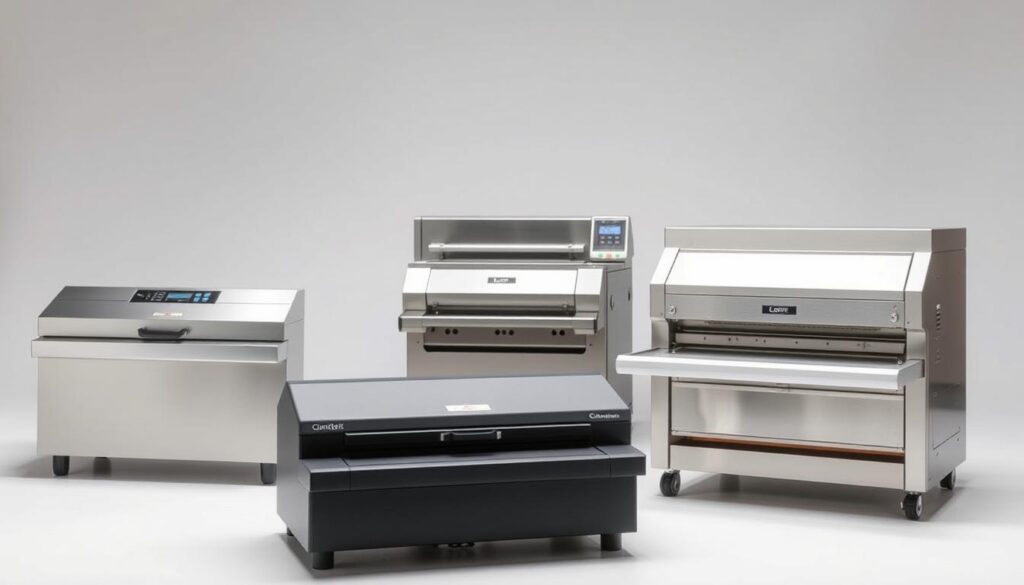 A high-quality, well-lit studio shot of different types of vacuum sealing machines for various packaging needs. In the foreground, a commercial-grade vacuum food sealer with digital controls and a large sealing area. In the middle ground, a compact countertop vacuum sealer suitable for home use, showcasing its simple operation and sleek design. In the background, a heavy-duty industrial vacuum packing machine with multiple sealing chambers, demonstrating its versatility for bulk packaging. The machines are arranged in an organized, visually appealing layout against a clean, neutral backdrop, highlighting their features and capabilities. The lighting is soft and even, bringing out the textures and details of the equipment.