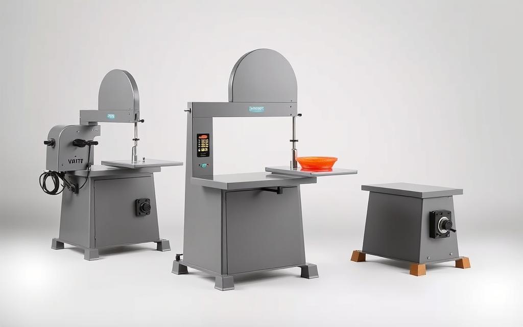 A high-resolution, well-lit, detailed image of a classic band saw or "serra fita" for meat cutting, displayed on a clean, neutral background. The saw should be shown from various angles, highlighting its precision blades, sturdy construction, and ergonomic design. The scene conveys a sense of quality, reliability, and professional-grade craftsmanship, suitable for a "Dicas para escolher a serra fita ideal" section in an article about meat cutting equipment safety and applications.