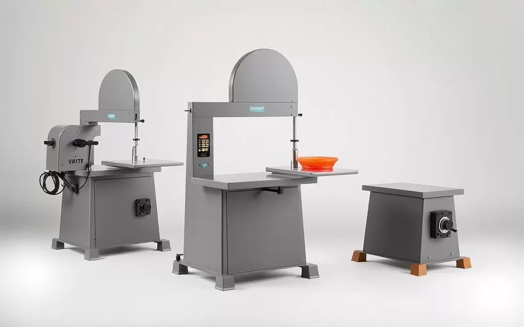 A high-resolution, well-lit, detailed image of a classic band saw or "serra fita" for meat cutting, displayed on a clean, neutral background. The saw should be shown from various angles, highlighting its precision blades, sturdy construction, and ergonomic design. The scene conveys a sense of quality, reliability, and professional-grade craftsmanship, suitable for a "Dicas para escolher a serra fita ideal" section in an article about meat cutting equipment safety and applications. A high-resolution, well-lit, detailed image of a classic band saw or "serra fita" for meat cutting, displayed on a clean, neutral background. The saw should be shown from various angles, highlighting its precision blades, sturdy construction, and ergonomic design. The scene conveys a sense of quality, reliability, and professional-grade craftsmanship, suitable for a "Dicas para escolher a serra fita ideal" section in an article about meat cutting equipment safety and applications.