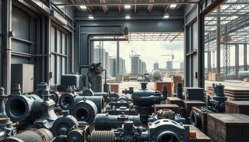 A highly detailed, photorealistic image of industrial applications of sandblasting cabinets. The foreground depicts various metallic objects such as automotive parts, machinery components, and construction materials undergoing the sandblasting process within a large, well-lit sandblasting booth. The middle ground showcases the interior of the booth, highlighting the powerful air compressors, hoses, and nozzles used to propel the abrasive media. The background features a sprawling industrial facility with towering silos, warehouses, and other structures, conveying the scale and context of these essential industrial processes. The lighting is dramatic, with a combination of natural daylight and strategic artificial illumination, creating vivid textures and shadows. The overall atmosphere is one of precision, efficiency, and the essential role of sandblasting cabinets in modern industrial settings.