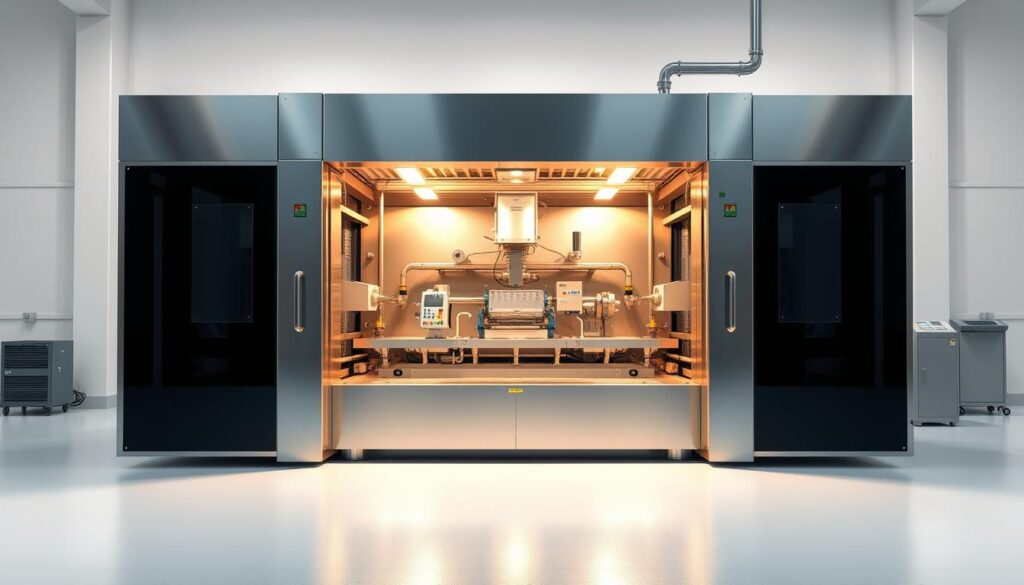 A highly detailed, precise, and technical illustration of a thermoforming machine in a well-lit, industrial setting. The machine occupies the central foreground, its sleek metallic exterior gleaming under bright studio lighting. The inner workings and mechanisms are visible, showcasing the intricate engineering and precise control systems that power the thermoforming process. The background features a neutral, clean environment, allowing the machine to be the focal point and emphasizing its purpose and function. The overall mood is one of sophistication, efficiency, and technological prowess, capturing the essence of the thermoforming process.