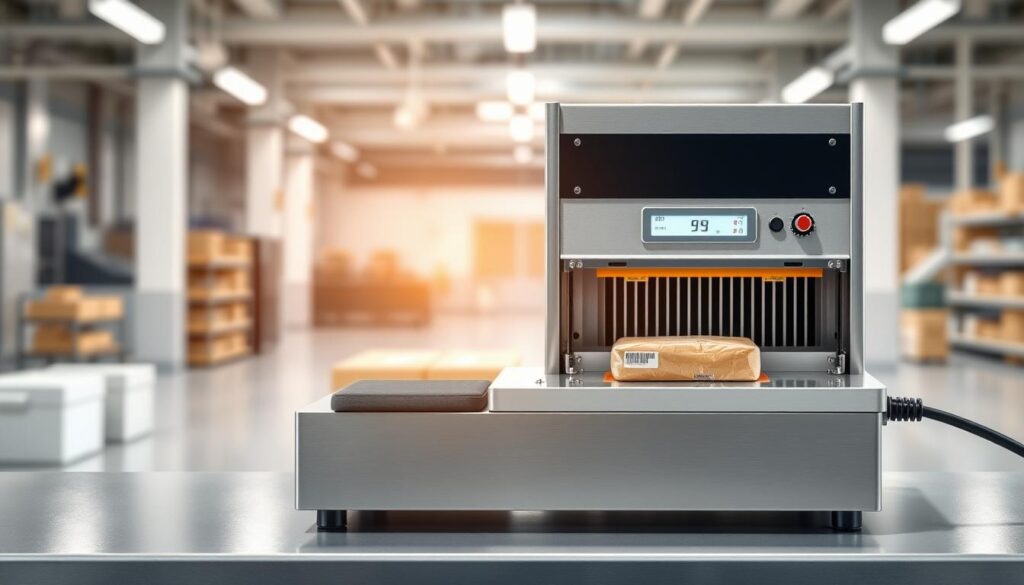 A highly detailed, technical illustration of an induction sealer in a clean, well-lit industrial setting. In the foreground, the induction sealer device is prominently displayed, its stainless steel housing and control panel meticulously rendered. The middle ground shows the sealing process, with a package or container being securely sealed by the induction heat. The background features a softly blurred environment, suggesting a modern, professional packaging facility. Optimized lighting from multiple angles highlights the machinery's form and function, conveying a sense of precision and efficiency. The overall mood is one of industrial sophistication and attention to detail, suitable for illustrating best practices in induction sealing. A highly detailed, technical illustration of an induction sealer in a clean, well-lit industrial setting. In the foreground, the induction sealer device is prominently displayed, its stainless steel housing and control panel meticulously rendered. The middle ground shows the sealing process, with a package or container being securely sealed by the induction heat. The background features a softly blurred environment, suggesting a modern, professional packaging facility. Optimized lighting from multiple angles highlights the machinery's form and function, conveying a sense of precision and efficiency. The overall mood is one of industrial sophistication and attention to detail, suitable for illustrating best practices in induction sealing.