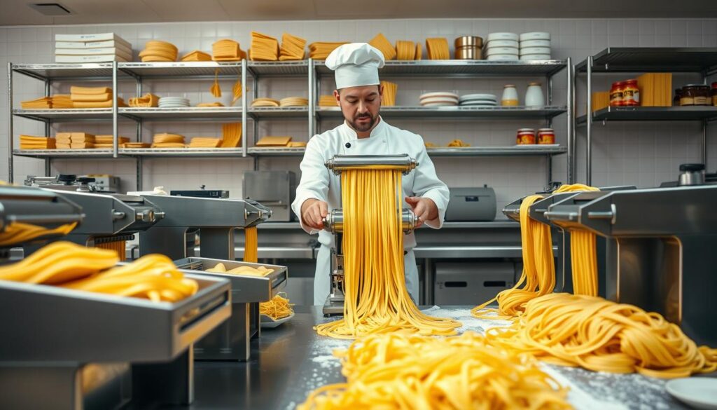 A large commercial kitchen with various types of pasta-making machines neatly arranged in the foreground. In the middle ground, a skilled chef demonstrates the operation of a high-end electric pasta extruder, producing long strands of fresh fettuccine. The background features a wall of stainless steel shelves stocked with different pasta shapes and sauces, creating a professional, well-equipped atmosphere. Soft, even lighting illuminates the scene, showcasing the intricate details and textures of the machines. The overall mood is one of culinary expertise and the artisanal production of handmade pasta. A large commercial kitchen with various types of pasta-making machines neatly arranged in the foreground. In the middle ground, a skilled chef demonstrates the operation of a high-end electric pasta extruder, producing long strands of fresh fettuccine. The background features a wall of stainless steel shelves stocked with different pasta shapes and sauces, creating a professional, well-equipped atmosphere. Soft, even lighting illuminates the scene, showcasing the intricate details and textures of the machines. The overall mood is one of culinary expertise and the artisanal production of handmade pasta.