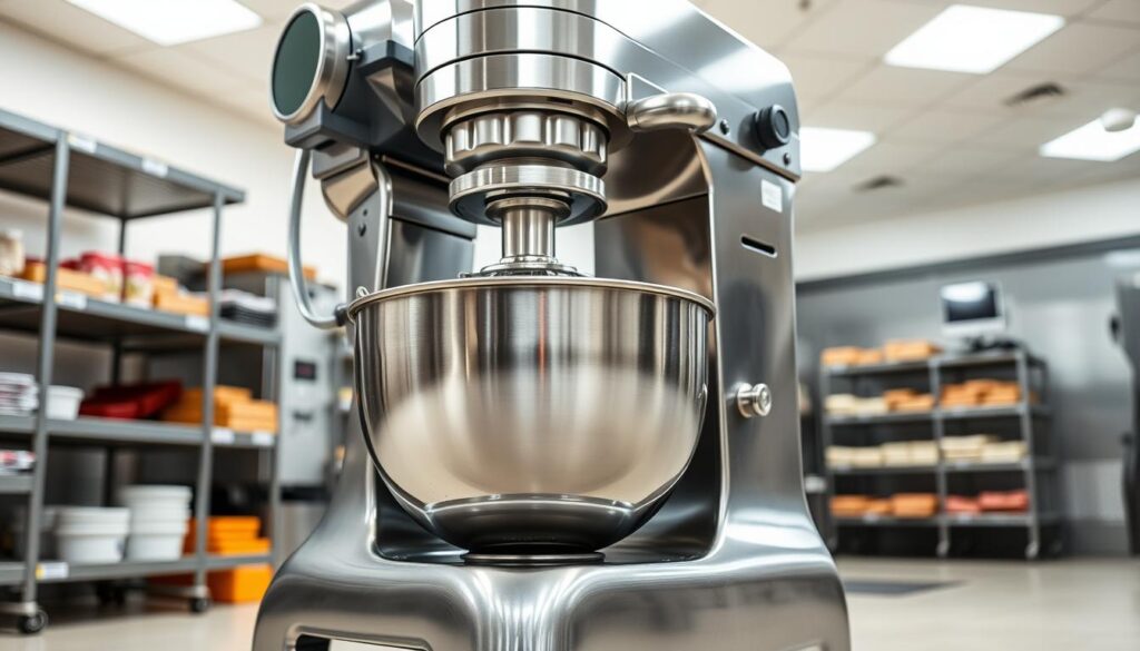 A large, gleaming industrial planetary mixer stands in a well-lit, modern commercial kitchen. The stainless steel body and bowl reflect the bright overhead lighting, casting a polished, utilitarian aesthetic. The mixer's powerful motor hums softly as it slowly rotates the bowl, effortlessly blending a large batch of dough or batter. In the background, the kitchen is clean and organized, with shelves of ingredients and equipment visible, hinting at the mixer's versatile capabilities. The scene conveys an atmosphere of efficiency, reliability, and technological sophistication - qualities that would make this industrial-grade mixer a wise investment for any commercial bakery or food production facility.