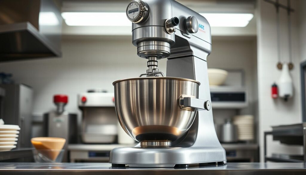 A large, industrial-grade stand mixer stands prominently on a stainless steel countertop, its powerful motor and sturdy build evident. The mixer's metal housing gleams under bright, overhead lighting, casting strong shadows that convey a sense of its raw power and performance. The mixer's mixing arm rotates slowly, mixing a batch of dough with ease, demonstrating its impressive torque and capacity. In the background, a clean, professional kitchen environment provides context, with additional appliances and tools visible, suggesting the mixer's place in a commercial baking operation. The overall scene exudes a mood of efficiency, reliability, and the ability to handle demanding culinary tasks with ease.