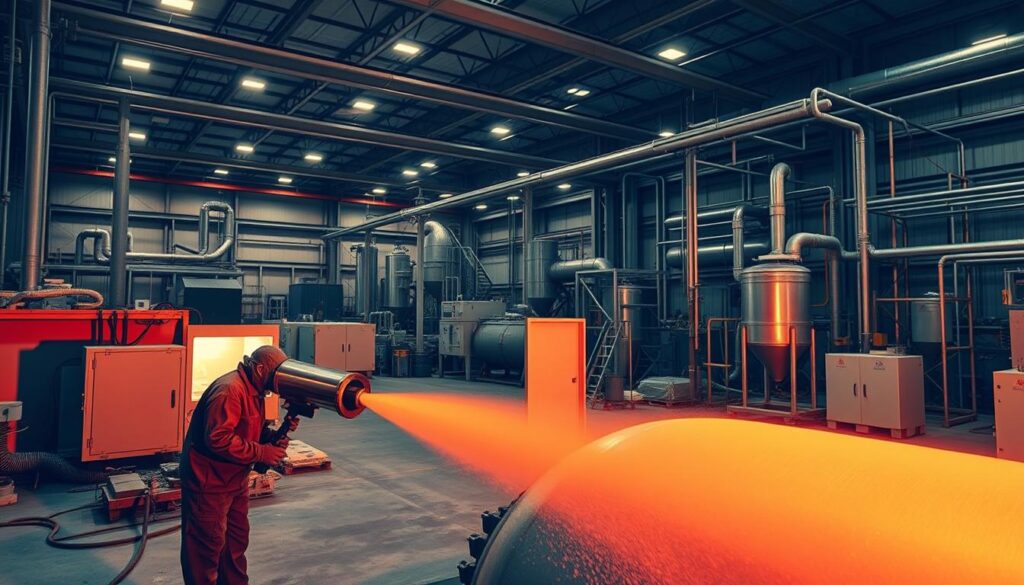 A large industrial hall filled with various sandblasting equipment and processes. In the foreground, a worker operating a high-pressure sandblasting nozzle, meticulously stripping the surface of a large metal part. In the middle ground, automated sandblasting cabinets and gantry systems, precisely controlling the flow of abrasive media. In the background, an array of complex piping, cyclone separators, and dust collectors, maintaining a controlled, dust-free environment. Warm, diffused lighting casts dramatic shadows, highlighting the technical details and emphasizing the industrial nature of the scene. The overall atmosphere conveys the precision, efficiency, and technical expertise required for effective industrial sandblasting.