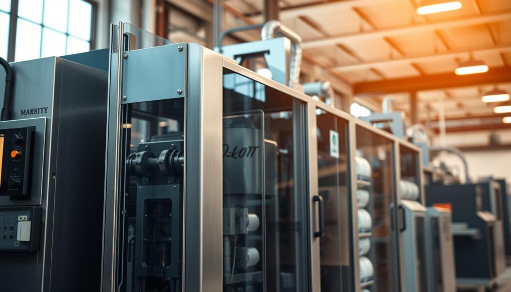 A large industrial label printing machine, standing prominently in a well-lit factory setting. The device features a sleek, modern design with clean lines and a metallic finish. Intricate internal mechanisms are visible through transparent panels, showcasing the precision engineering required to produce high-quality labels at scale. The machine is positioned in the foreground, with a depth of field that blurs the background, drawing the viewer's attention to the specialized label manufacturing process. Soft, diffused lighting from above casts a warm glow, highlighting the machine's functional aesthetic and the importance of this essential industrial equipment.