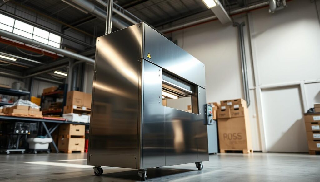 A large, industrial-looking automatic box closing machine stands prominently in the foreground. The sleek, metallic body is illuminated by bright, directional lighting, casting dramatic shadows and highlights. The machine is positioned in a clean, well-lit workshop setting, with minimal clutter in the background, allowing the device to be the central focus. The angle is slightly elevated, giving a sense of scale and power to the machine. The overall mood is one of efficiency, precision, and technological advancement, suitable for illustrating the "what" and "how" of an automatic box closing machine.