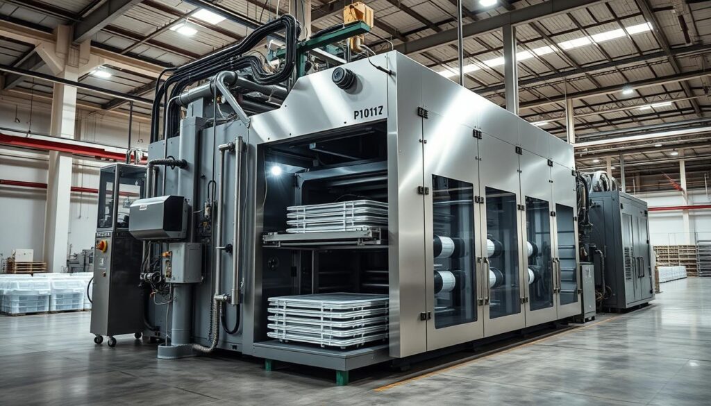 A large industrial thermoforming machine dominating the frame, its metallic body and intricate controls taking center stage. The machine is surrounded by a well-lit, high-ceilinged factory space, with clean concrete floors and orderly rows of equipment in the background. Plastic sheets are being carefully fed into the machine, undergoing the precise heating and molding process that gives form to the final product. Soft shadows and highlights accentuate the machine's mechanical complexity, conveying a sense of efficient, high-tech production. The overall atmosphere is one of technical precision and industrial prowess.