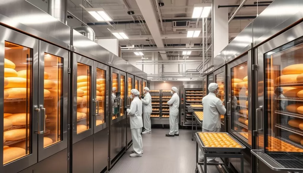 A large, modern industrial bakery interior with several commercial fermentation chambers in the foreground. The chambers are stainless steel with large glass viewing panels, allowing a glimpse of the bread dough inside at various stages of fermentation. Bright, even lighting illuminates the scene, casting a warm glow on the equipment. In the middle ground, workers in white uniforms monitor the fermentation process, adjusting temperature and humidity controls. In the background, an assembly line of baked goods emerges from ovens, ready for packaging. The overall atmosphere conveys the efficiency and precision of an advanced, high-volume commercial bread production facility.