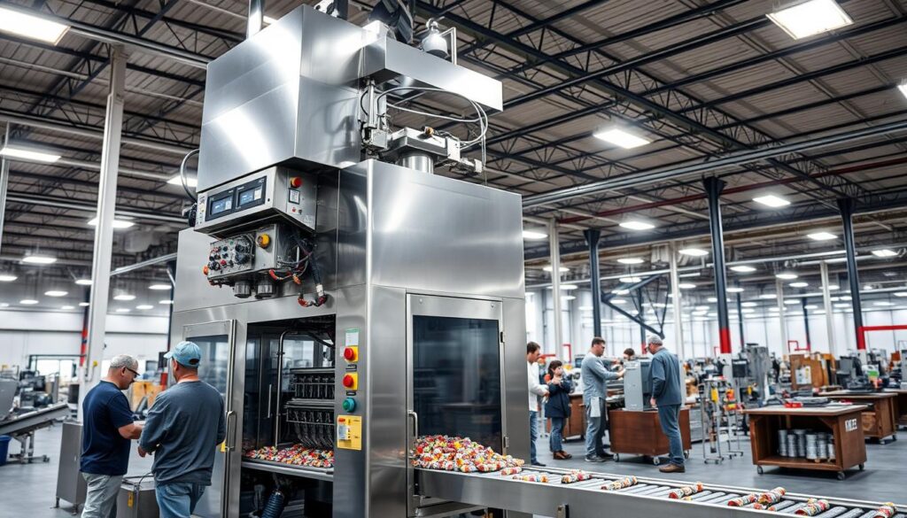 A large, modern industrial candy packaging machine stands in a well-lit factory. In the foreground, workers carefully load wrapped candy into the machine's hopper. The machine's stainless steel body gleams under bright overhead lighting, with numerous digital displays and control panels visible. In the middle ground, the machine's conveyor belt efficiently transports the packaged candies to an adjacent area for further processing. The background reveals a spacious production floor with additional machinery, workstations, and a high-ceilinged warehouse aesthetic, conveying a sense of efficient, large-scale candy manufacturing. A large, modern industrial candy packaging machine stands in a well-lit factory. In the foreground, workers carefully load wrapped candy into the machine's hopper. The machine's stainless steel body gleams under bright overhead lighting, with numerous digital displays and control panels visible. In the middle ground, the machine's conveyor belt efficiently transports the packaged candies to an adjacent area for further processing. The background reveals a spacious production floor with additional machinery, workstations, and a high-ceilinged warehouse aesthetic, conveying a sense of efficient, large-scale candy manufacturing.