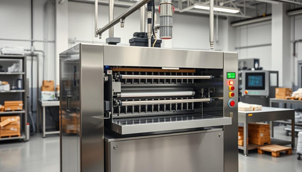 A large, modern industrial food packaging machine stands in a well-lit, clean factory environment. The sealer mechanism, with its precision rollers and heating elements, is the focal point, showcasing the intricate technology that ensures secure and airtight seals on food packaging. The machine's sturdy metal construction and sleek, utilitarian design convey its purpose-built functionality. Bright LED indicators and control panels provide the operator with real-time feedback and precise control over the sealing process. The surrounding space is orderly, with other packaging equipment and supplies neatly arranged, reflecting the efficient, high-throughput nature of the food production facility.