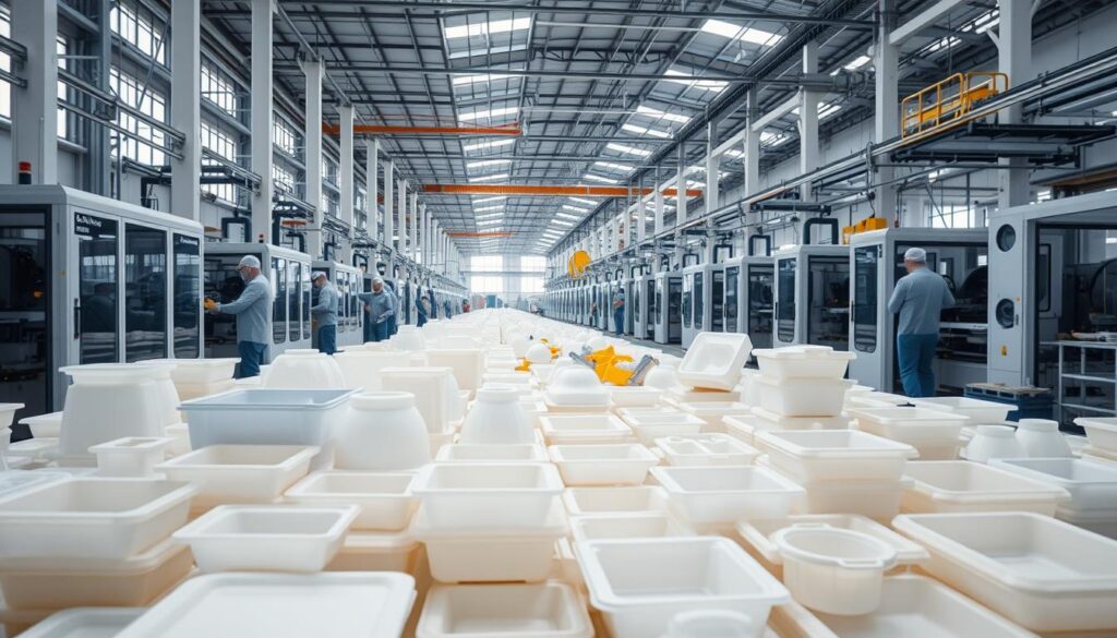 A large, modern thermoplastic manufacturing facility with rows of high-tech thermoforming machines in operation. Brightly lit interior with natural daylight streaming through large windows, creating a clean, efficient atmosphere. Workers in protective gear carefully monitor the forming process, retrieving finished products. In the foreground, an array of diverse thermoformed parts - packaging, containers, trays, and other industrial components. The background showcases the scale of the operation, with automated material handling systems and conveyors moving materials through the streamlined production workflow. Soft, diffused lighting emphasizes the precision and attention to detail in this advanced thermoplastic manufacturing environment.