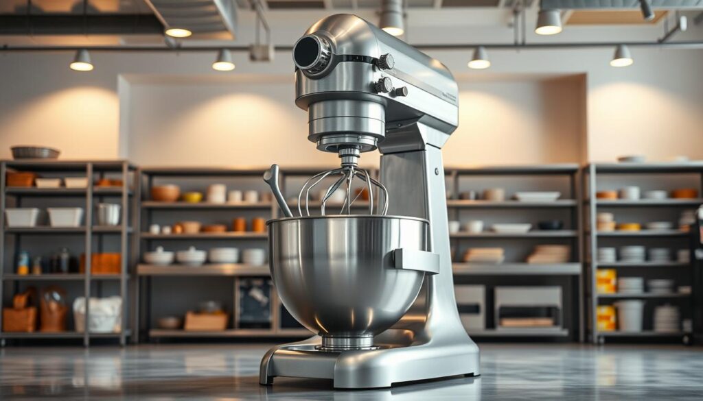 A large, stainless steel industrial planetary mixer stands prominently in the center of a modern, well-lit commercial kitchen. Its polished mixing arms gracefully revolve around a central bowl, kneading and blending ingredients with precision. Warm, diffused lighting from overhead creates a welcoming, professional atmosphere, highlighting the mixer's robust construction and gleaming surfaces. In the background, shelves of ingredients and equipment suggest the versatility of this essential industrial appliance, capable of handling large-scale batches for the food manufacturing industry.
