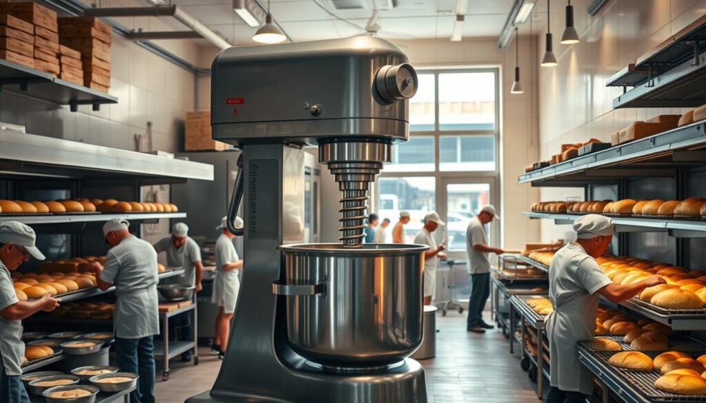 A large, well-equipped spiral mixer stands prominently in the center of a bustling Brazilian bakery. The machine's gleaming stainless steel body is illuminated by soft, even lighting, casting subtle shadows that accentuate its sturdy, industrial design. Surrounding the mixer, a team of skilled bakers work diligently, kneading dough, shaping loaves, and loading trays into the ovens that line the bakery's walls. The space is filled with the enticing aroma of freshly baked bread, creating a warm, inviting atmosphere. In the background, a large window offers a glimpse of the vibrant street outside, creating a sense of connection between the bakery and the local community it serves.
