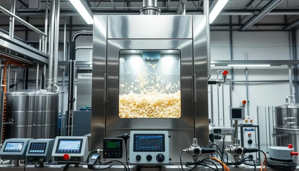 A large, well-lit industrial fermentation chamber stands at the center of the scene. The chamber is made of stainless steel, with a transparent glass panel that reveals the interior. Yeast cultures bubble and ferment within, creating a mesmerizing display. In the foreground, various fermentation control instruments and sensors are arranged, providing precise monitoring of temperature, humidity, and other critical parameters. The background depicts a modern, high-tech manufacturing facility, with sleek equipment and clean, minimalist design. The overall atmosphere conveys a sense of scientific precision, efficiency, and the crucial role of fermentation chambers in producing high-quality, consistent products.