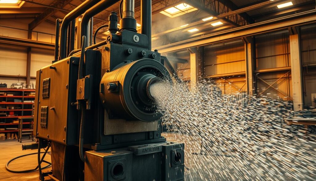A massive industrial sandblasting machine in an expansive factory workshop, its powerful nozzle blasting a concentrated stream of steel shot at a high-velocity, creating a captivating visual display of raw industrial power. The air is thick with the hissing and rumbling of the machine, as the steel pellets rapidly impact the surface, etching and texturizing it with precision. The scene is bathed in warm, directional lighting that casts dramatic shadows, highlighting the machine's imposing scale and the energy of the jateamento process. The background is filled with the subtle details of the workshop environment - metal shelving, workbenches, and other industrial equipment, conveying a sense of the application and purpose of this technique.