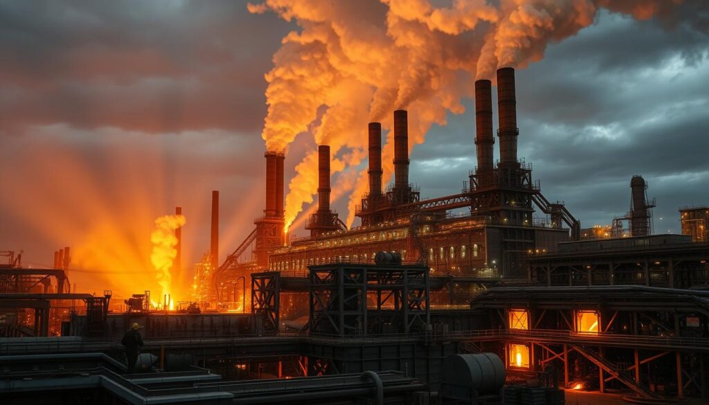 A massive steel mill, towering structures of iron and fire, with smokestacks billowing gray clouds against a darkened sky. In the foreground, a sea of glowing furnaces, the heat palpable as molten metal is poured and shaped. Shafts of warm light pierce the industrial haze, illuminating the intricate machinery and workers clad in protective gear, carrying out the crucial tasks of metal fabrication. The rumble of machinery and clang of steel create a symphony of industry, a testament to the power and precision of the metalworking process. Capture the essence of this metalurgical wonder, a vital cog in the machinery of modern society.