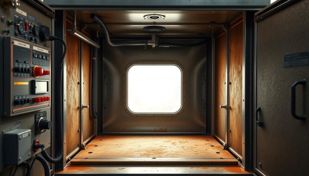 A meticulously detailed visual inspection of a sandblasting cabinet, showcasing its interior and exterior in a well-lit, high-resolution scene. The foreground depicts the cabinet's control panel, hoses, and other functional components, while the middle ground features the cabinet's transparent viewing window, allowing a clear view of the sandblasting process within. The background showcases the cabinet's rugged, industrial design, with a muted color palette and subtle textures that convey the cabinet's durability and reliability. The overall mood is one of professional, technical assessment, highlighting the importance of thorough evaluation before purchasing a used sandblasting cabinet.
