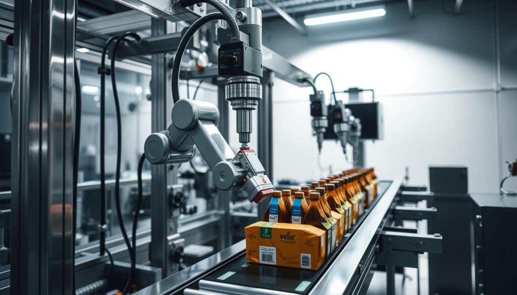 A modern, automated labeling machine operating in a clean, well-lit industrial setting. Shiny metal frames and robotic arms precisely applying labels to a variety of product packages on a conveyor belt. Bright lighting casts dramatic shadows, highlighting the efficiency and precision of the machine's movements. The background is dominated by sleek, metallic surfaces and the hum of machinery, conveying a sense of advanced technology and productivity. The overall scene communicates the benefits of automated labeling: consistent quality, increased throughput, and reduced manual labor.
